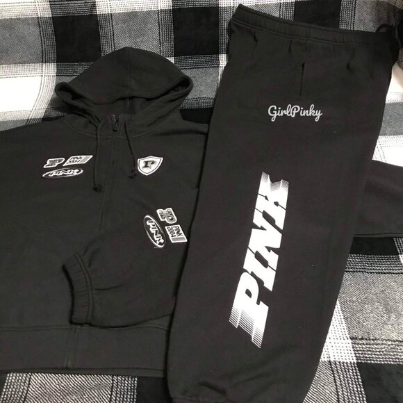 victoria secret PINK RACING sweatpants OUTFIT & FULL ZIP IN BLACK SIZE SMALL - Picture 9 of 12